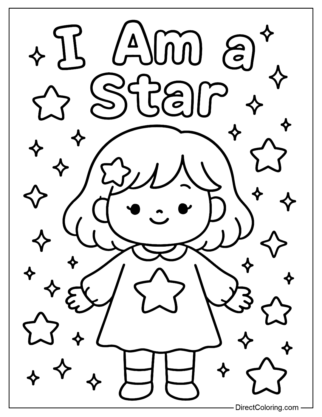 Coloring Page Baby standing among the sparkling stars, with the words I Am a Star.
