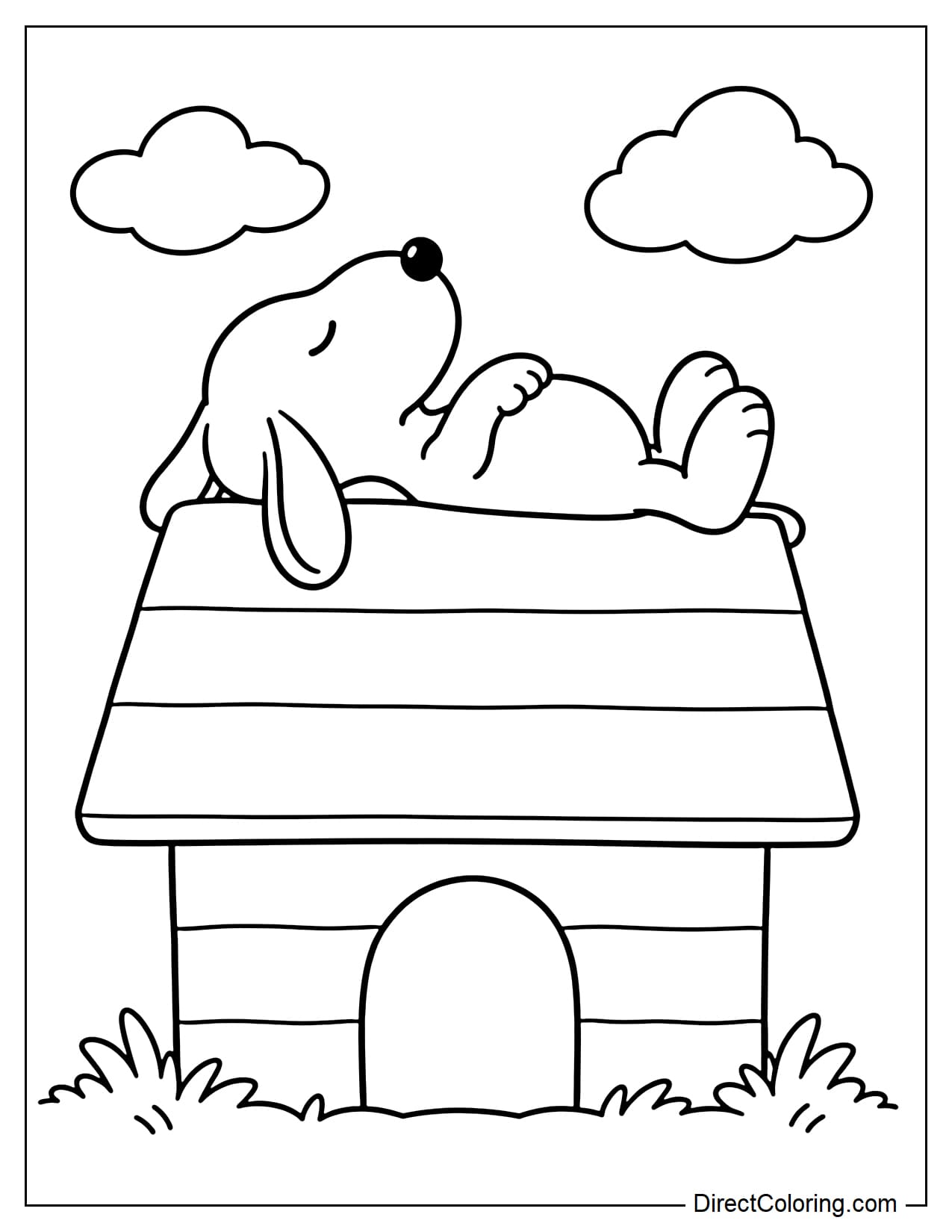 Snoopy sleeps peacefully on his back atop his familiar doghouse, with his eyes closed and ears hanging down. The doghouse has a rectangular roof, a large arched doorway, and a few simple wooden plank lines. Two small clouds float above.