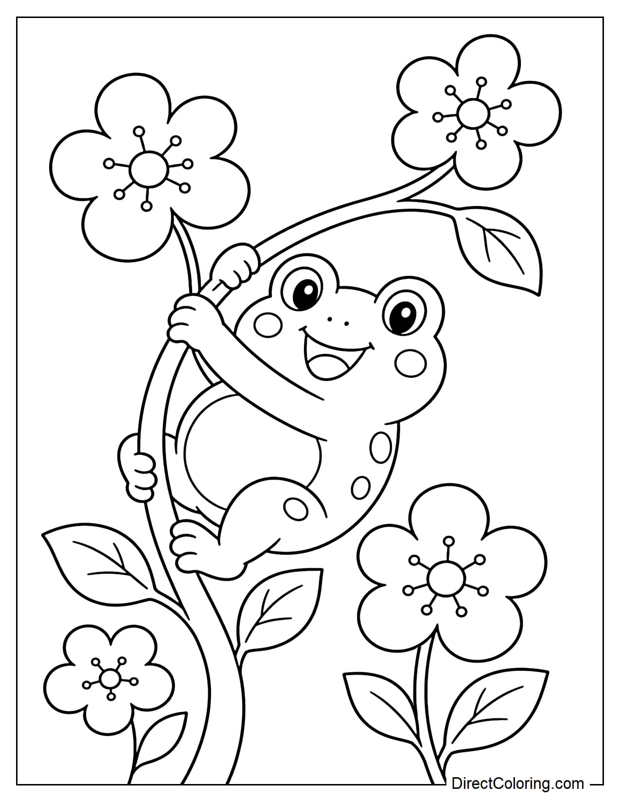 A cute, chubby frog is swinging from a curved flower branch, its two feet gently gripping the branch, surrounded by a few large flowers and leaves.