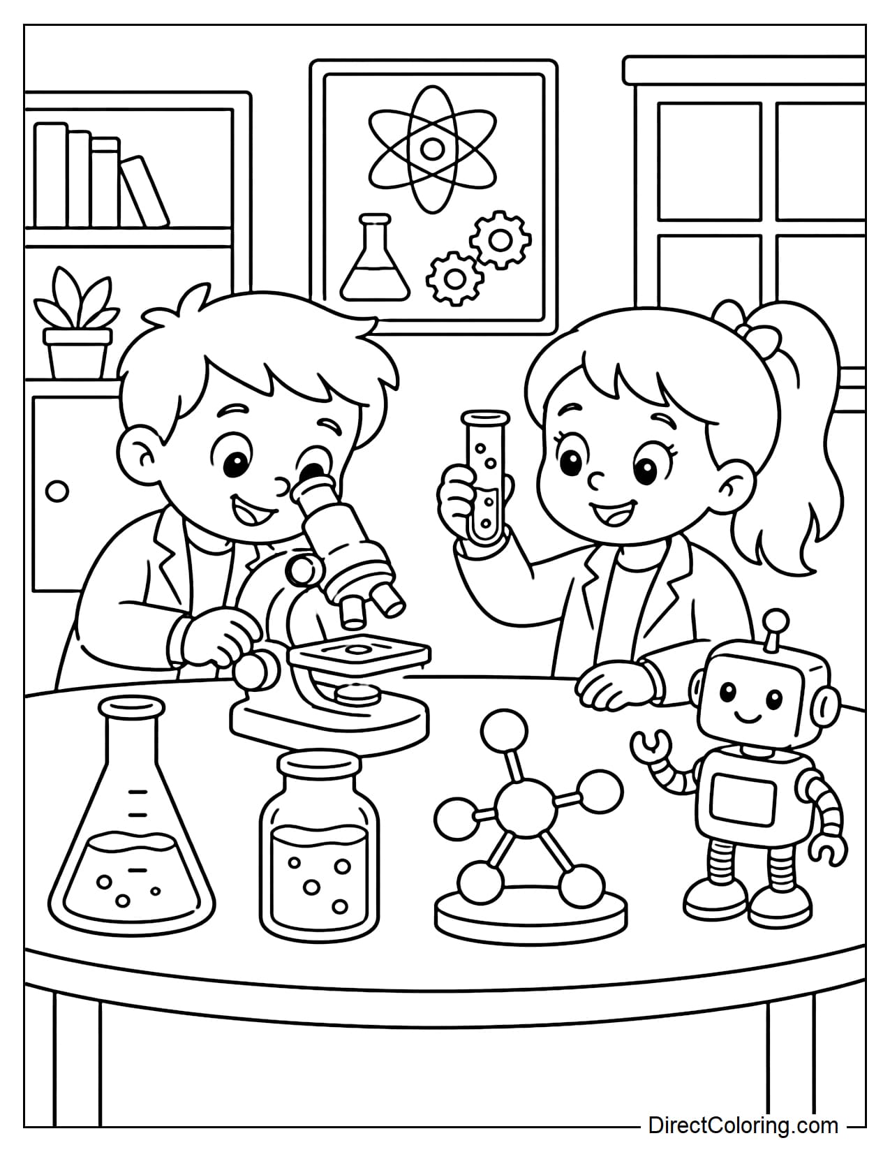 Two young students conduct a STEM experiment at a large table, one observing through a microscope and the other holding a test tube. On the table are a test tube, a molecular model, and a small robot.