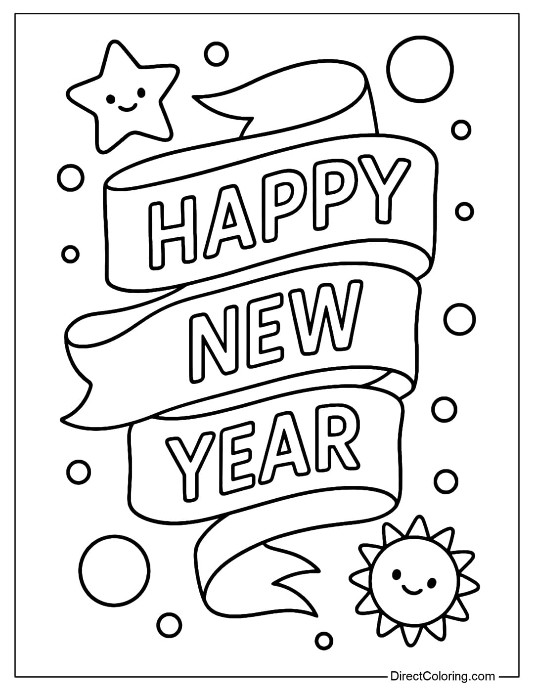 HAPPY NEW YEAR Coloring Page is on a large, winding ribbon, surrounded by a baby-face star and a small sun.