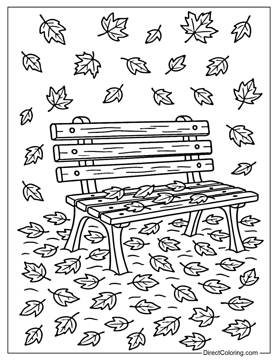 A park bench coloring page covered with fallen leaves.