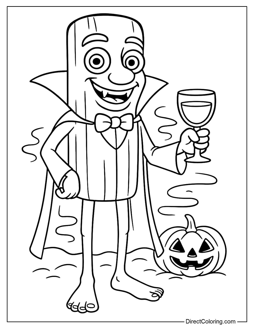 Coloring page Tung Tung Tung Sahur in a stylish vampire costume, wearing a long cape with a raised collar.