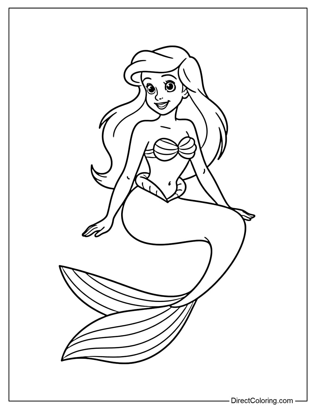 Coloring page of Princess Ariel sitting with a large fish tail in a simple pose.