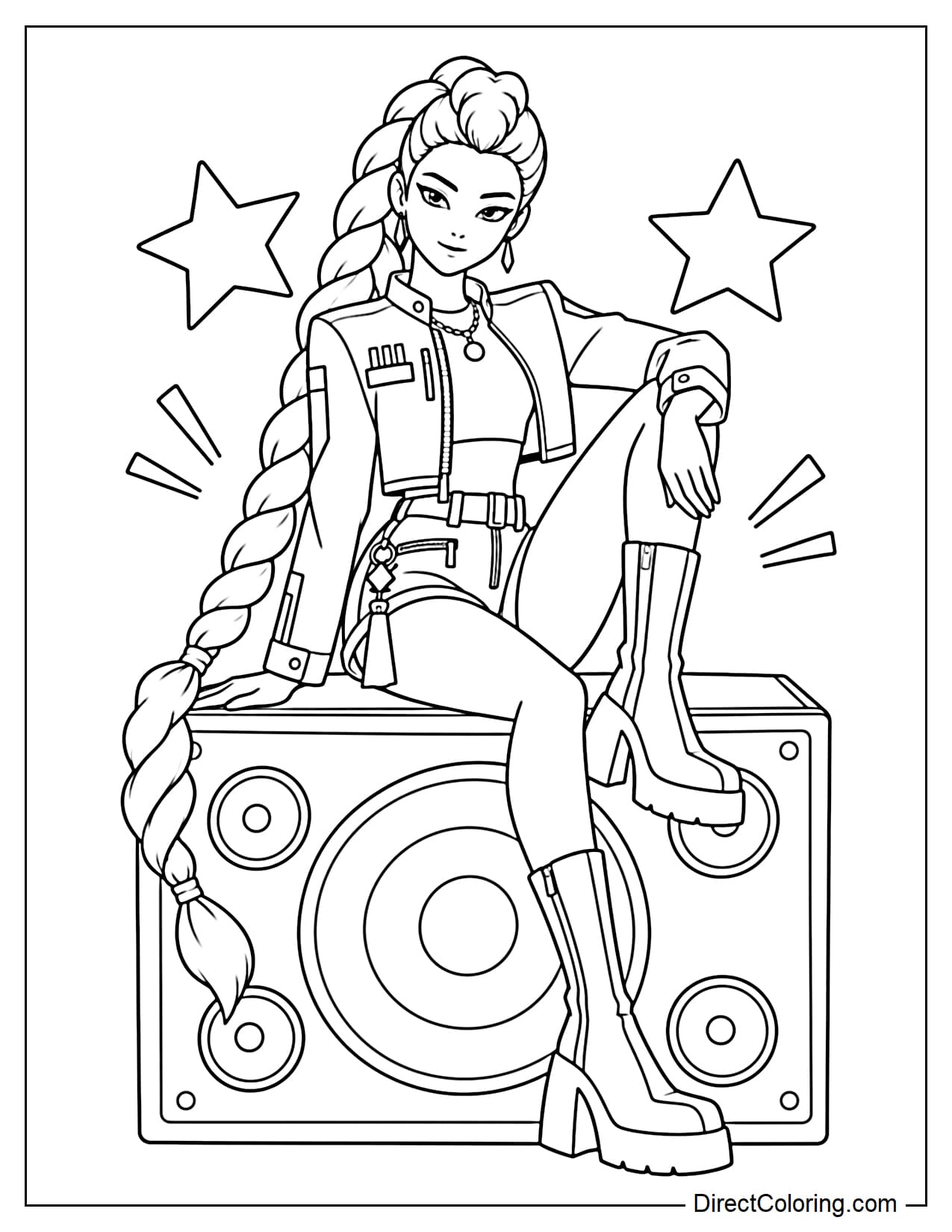 Rumi is sitting comfortably on a large stage speaker with one leg slightly bent and both hands resting naturally. Her long signature braid falls gracefully to one side.