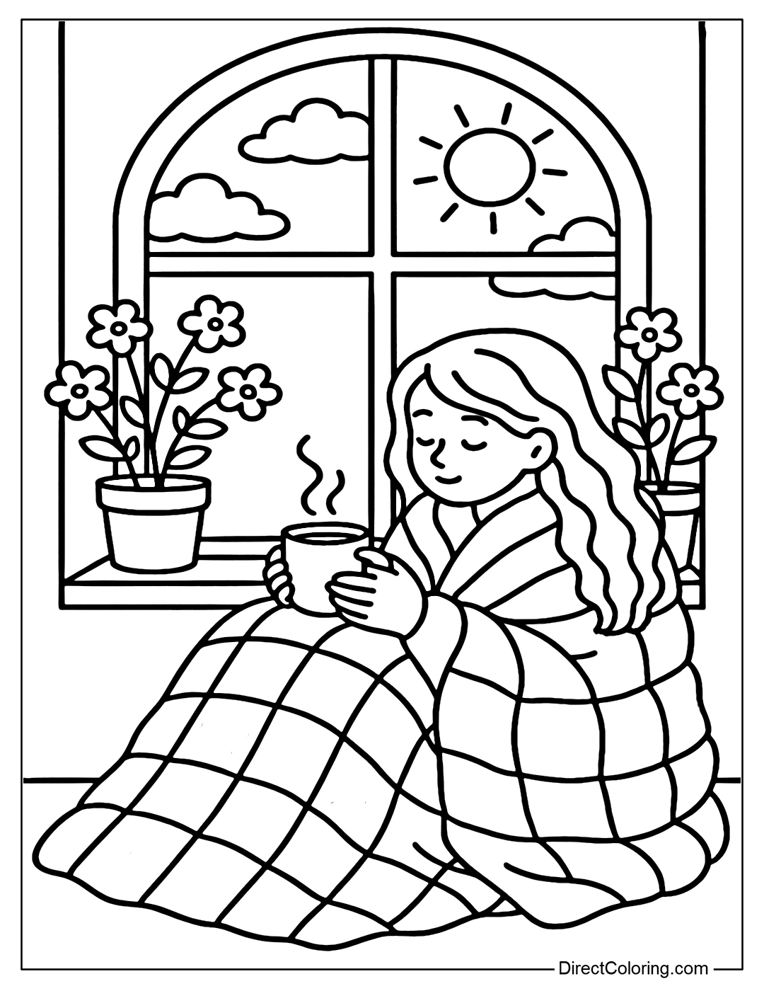 A girl curled up in a blanket, sitting by the window sill drinking tea, the sunlight shining through the window with blooming flowers.