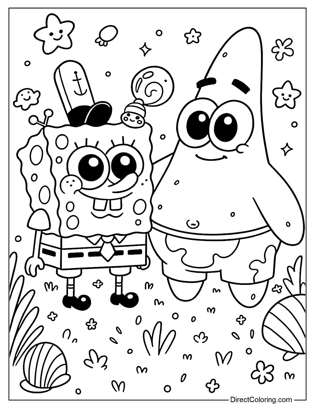 Coloring Page of Patrick and SpongeBob appear in a cute cartoon style with big sparkling eyes and smiling faces.
