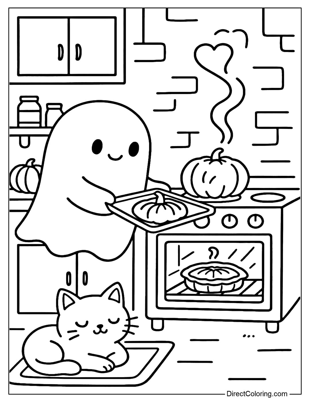 A warm ghost kitchen coloring page, where a little ghost is baking pumpkin cakes, smoke is forming a heart, a black cat is warming himself by the oven.