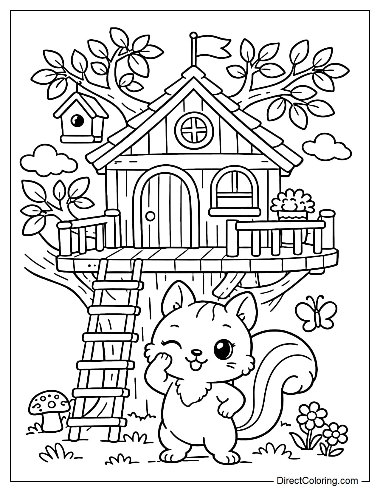 A treehouse with a small balcony and a squirrel standing in front of the tree trunk.