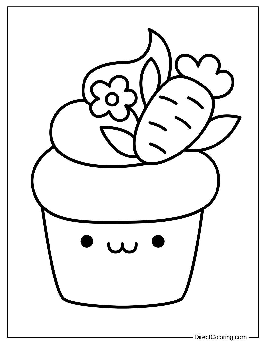 Coloring Page Cupcake with Flower and Carrot