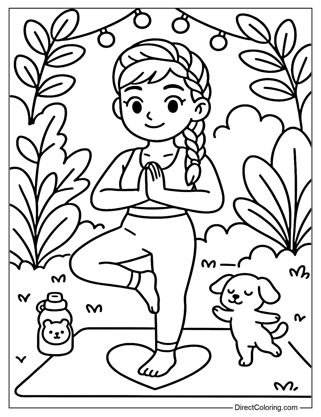 A coloring page of a young girl practicing yoga in a small garden. Surrounded by trees, hanging string lights, a heart-shaped exercise mat, a bear-shaped water bottle, and a small dog imitating a yoga pose next to her.