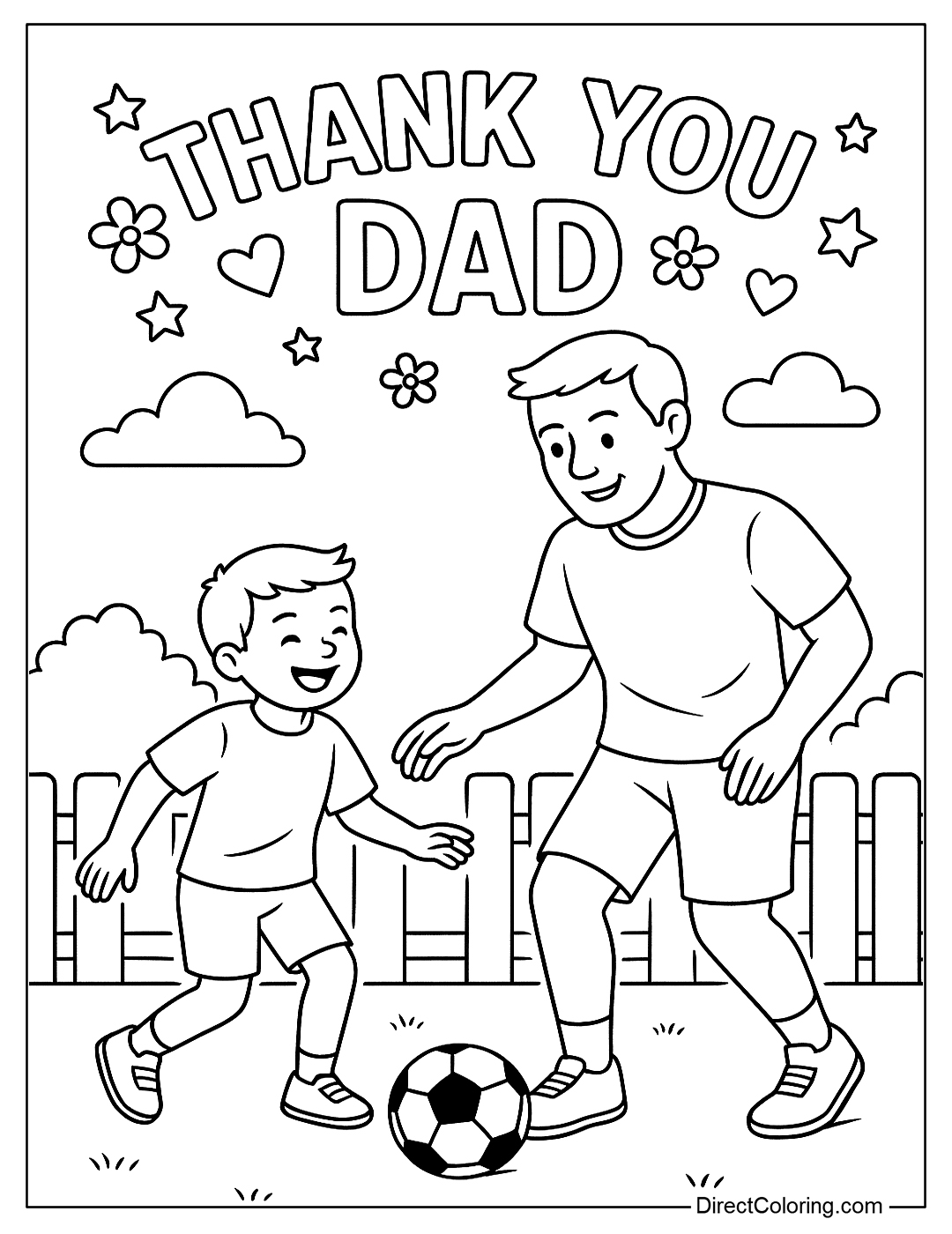 a coloring page of a father and son playing soccer in the yard
