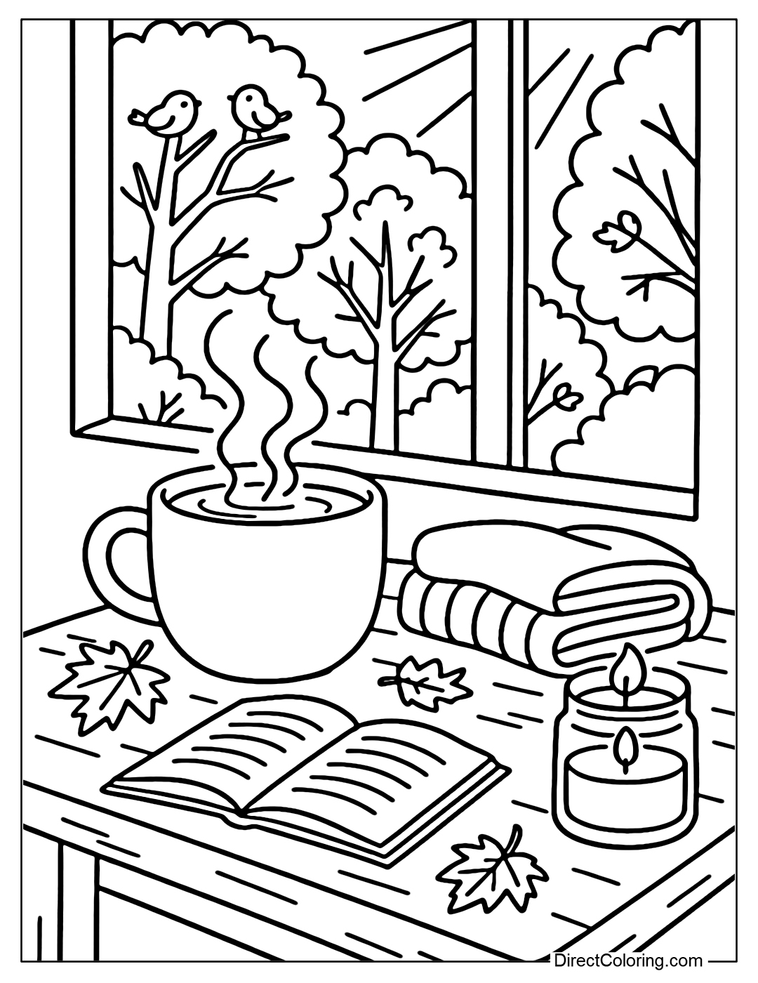 A small wooden table coloring page with a cup of hot cocoa and a book, surrounded by falling yellow leaves, scented candles, and a soft woolen scarf.