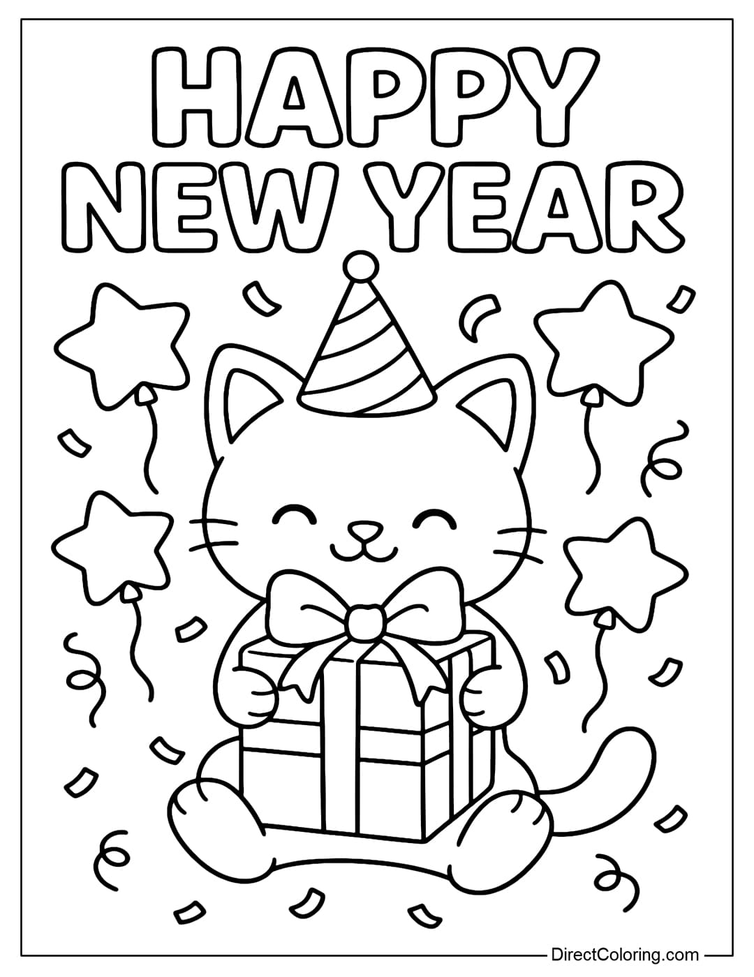 A Happy New Year coloring page, below is a cute kitten wearing a party hat, holding a big gift with a big bow.