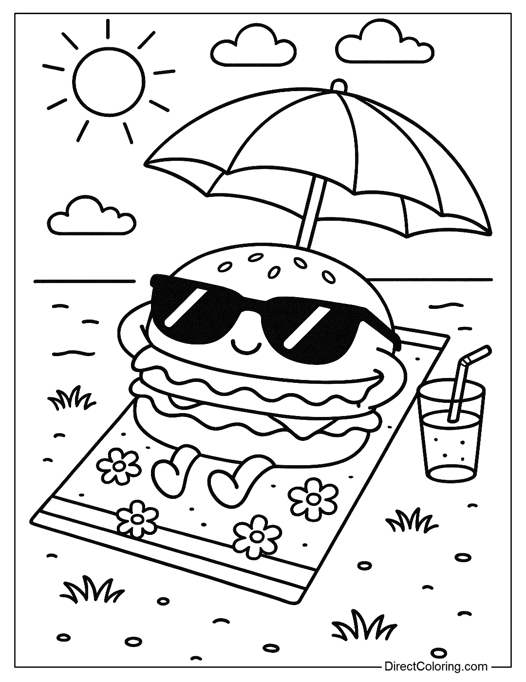 a coloring page of hamburgers wearing sunglasses