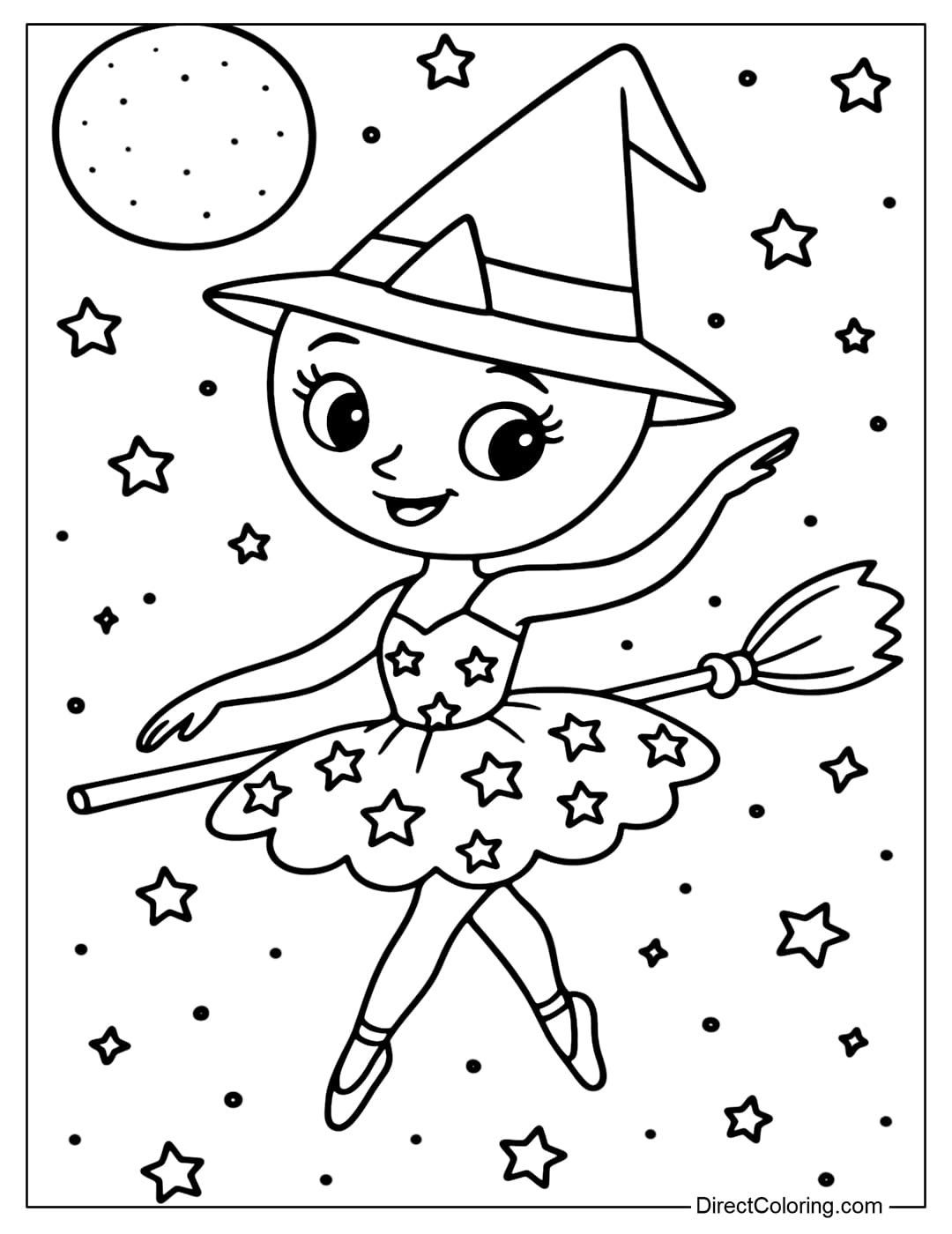 A ballerina Cappuccina coloring page as a ballerina witch, wearing a pointed hat and a star-patterned skirt.