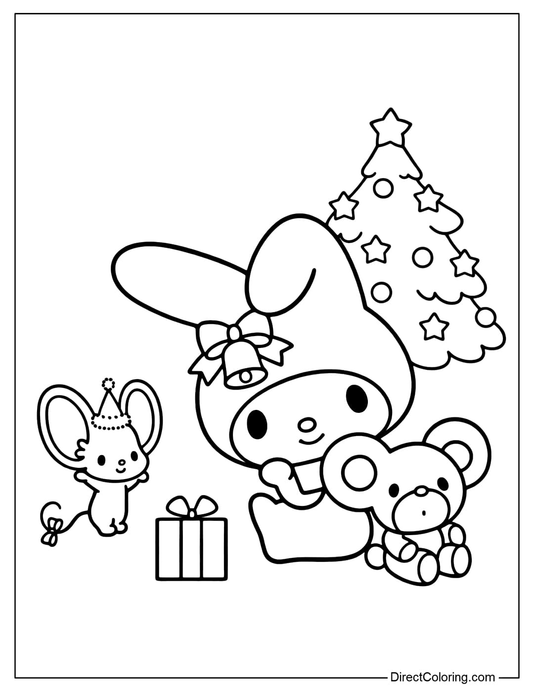 My Melody is wearing a cute bow with bells, sitting next to a Christmas tree, with a small gift box, a teddy bear, and her friend, a mouse wearing a top hat.