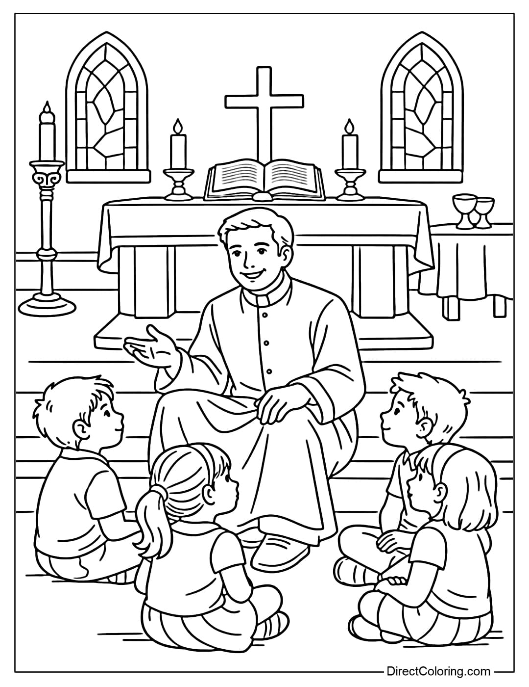 Coloring page of a priest talking to children in the church.