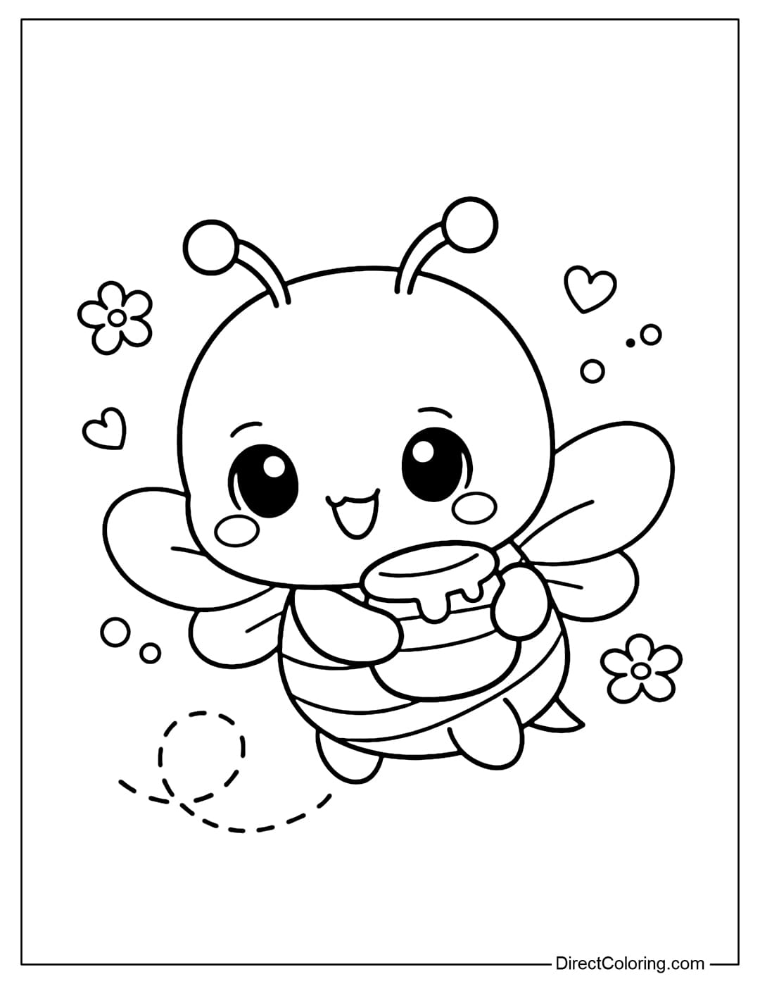 A coloring page featuring a chibi bee flying and carrying a small jar of honey.