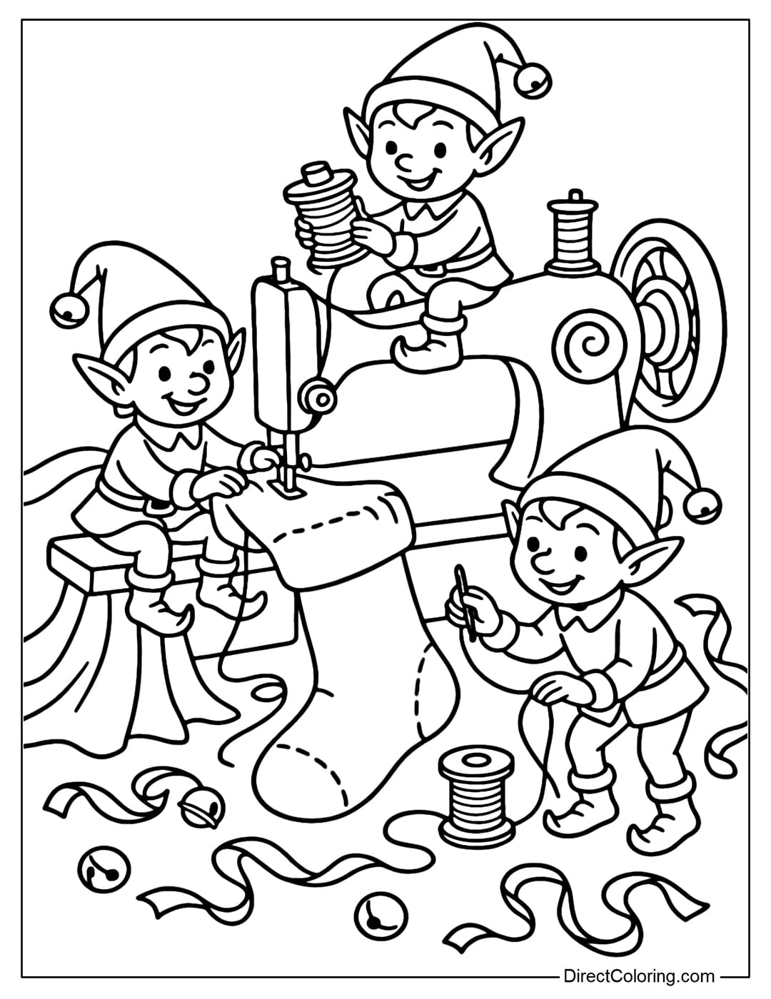 Elf Workshop Stockings Coloring Page Coloring Page The elves are sewing stockings with an antique sewing machine, with fabric, ribbons, and bells everywhere.