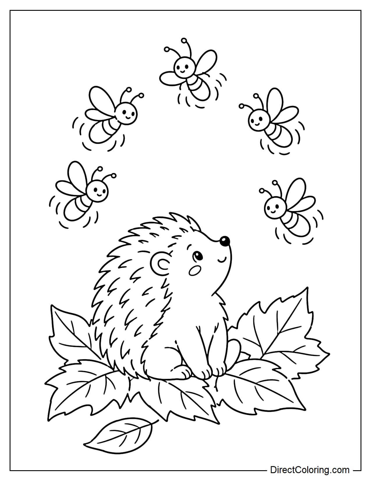 A small hedgehog sits on a layer of autumn leaves, looking up at fireflies flying in an arc above.