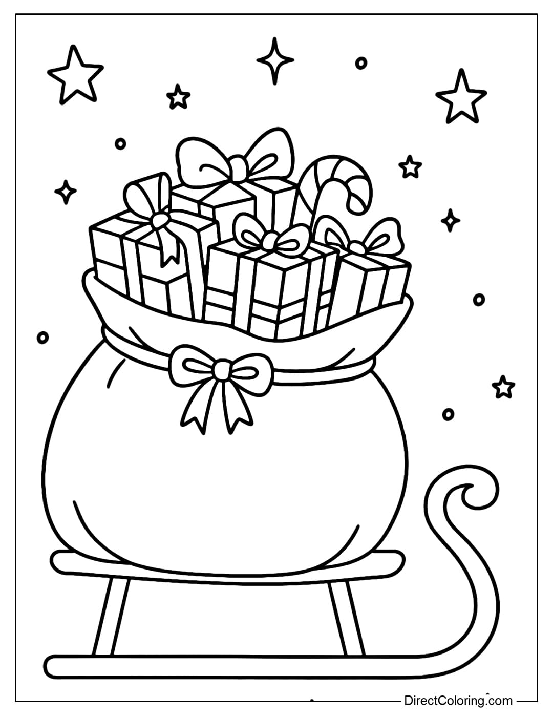 A large gift bag coloring page placed behind Santa's sleigh, with gifts and candy canes sticking out.