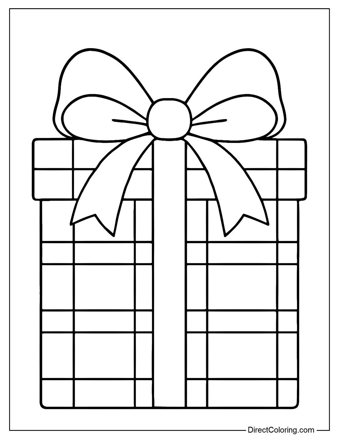 A huge bow gift box coloring page featuring a large square gift box with a wide open bow that takes up almost half the page.