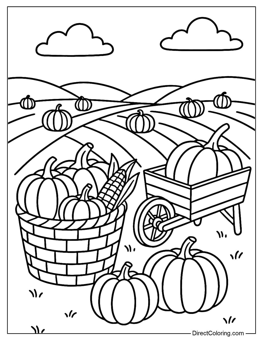 A pumpkin field coloring page in autumn, with a basket full of pumpkins and corn, and a small wooden wheelbarrow next to it.