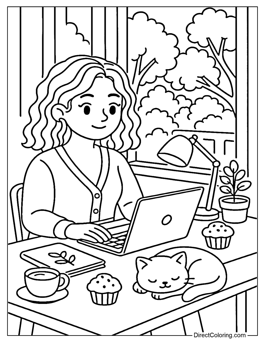 Coloring page of a girl with light curly hair with caramel highlights, wearing a short cardigan, sitting at a table next to the window. The table has a laptop, sketchbook, muffin, mini plant, sleeping cat.