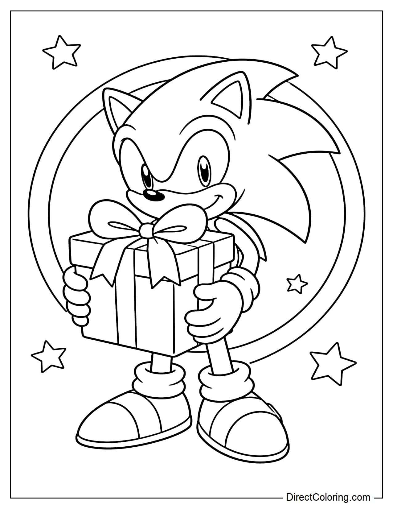 Sonic is holding a large gift box to his chest, surrounded by small stars and a gold ring behind him.