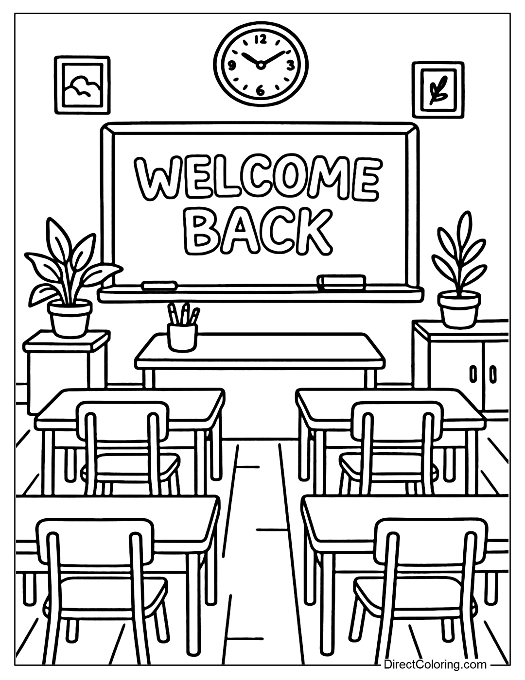 First day of school coloring page, neat desks and chairs, blackboard with 