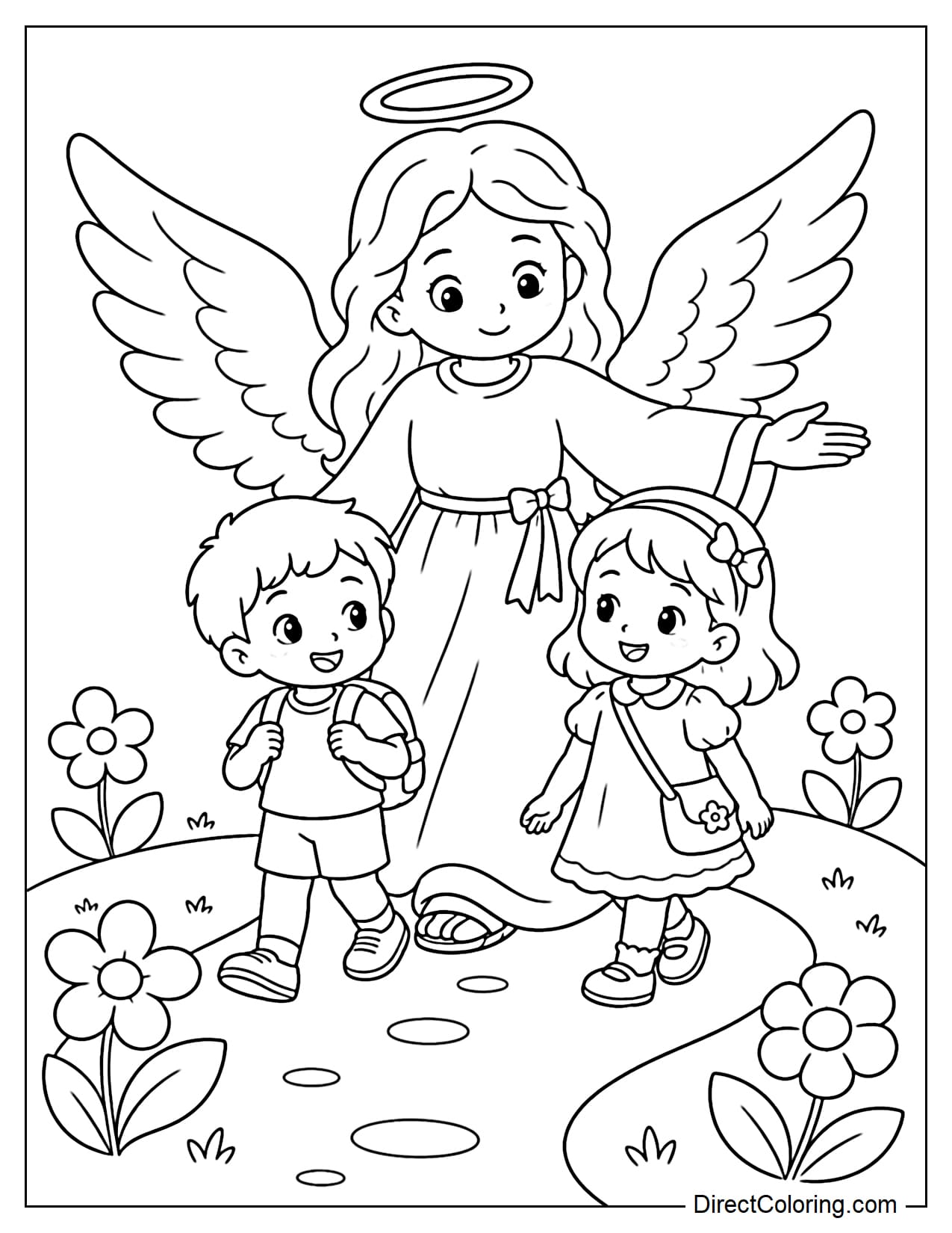 A guardian angel walks beside two children along a flower-lined path, one arm outstretched protectively and large wings spread behind.