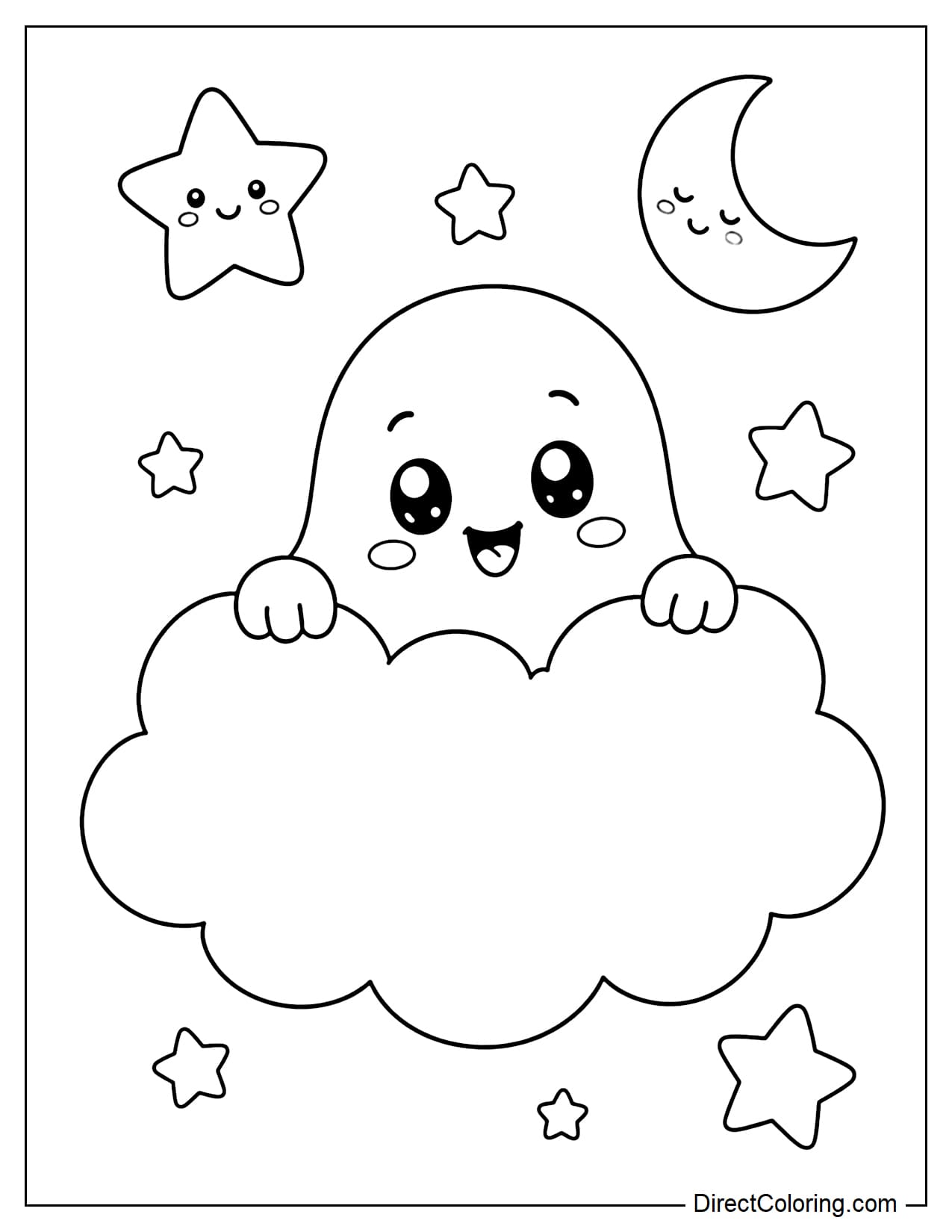 A cute ghost peeks its head and hands out from behind a large fluffy cloud, surrounded by a few stars and a crescent moon.