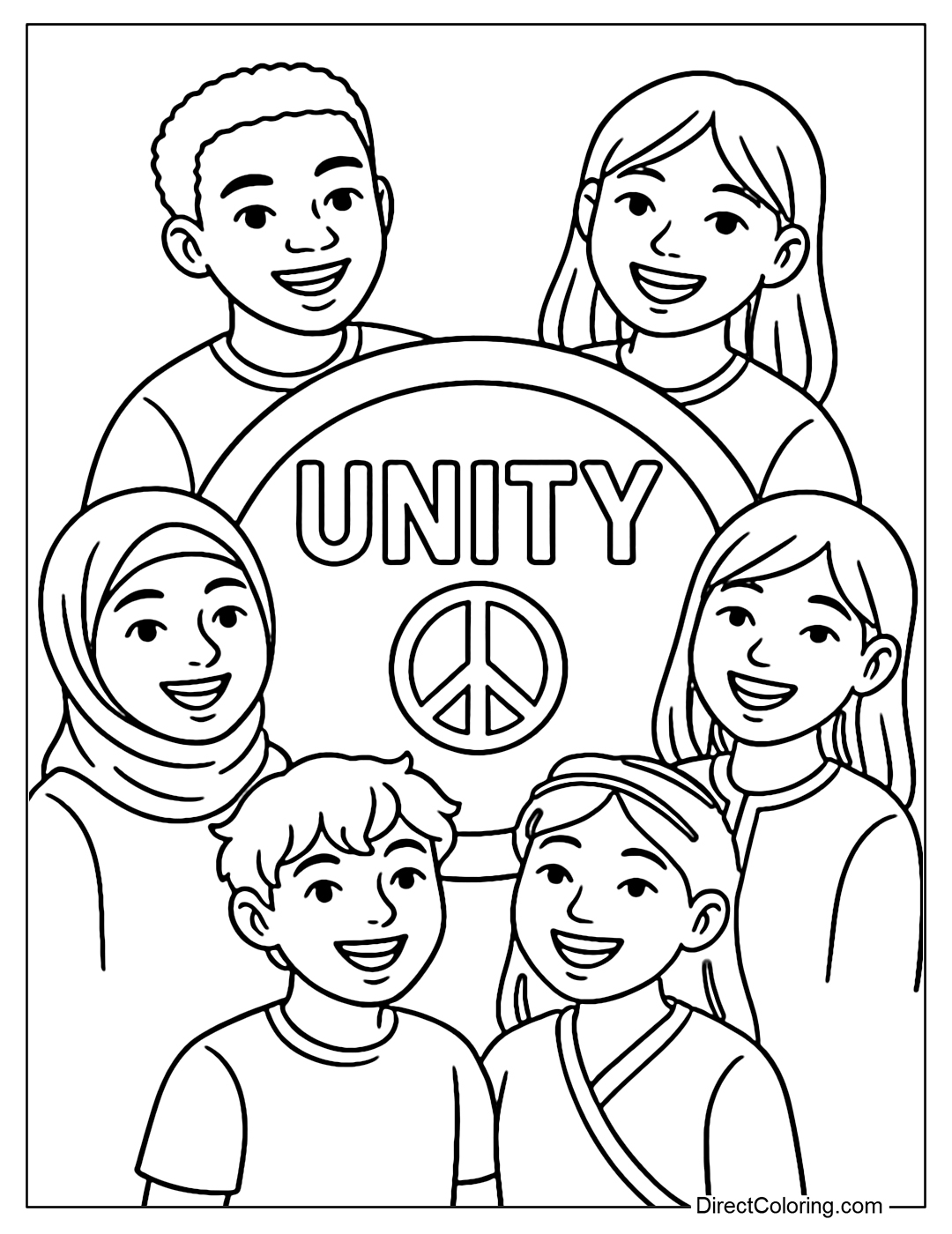 Coloring page of a circle of young people from different ethnicities laughing and talking happily around the 