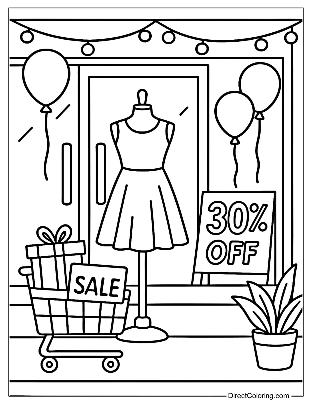 A fashion clothing store coloring page, a mannequin wearing a dress, a 