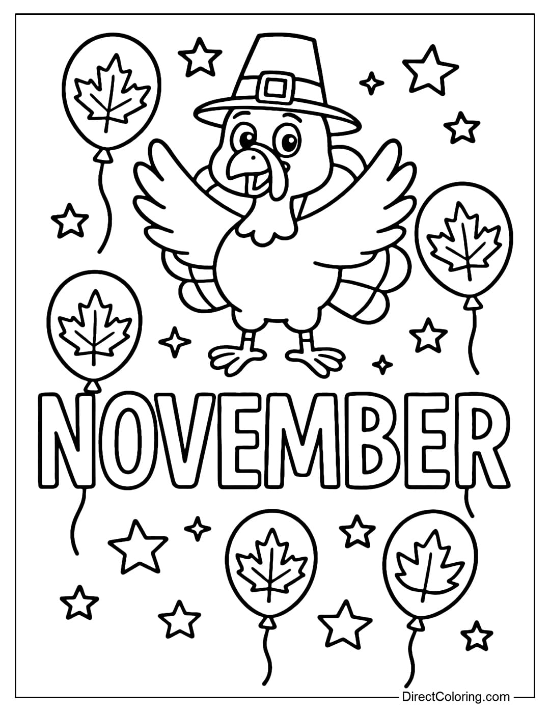 The word NOVEMBER is in the center, above is a turkey wearing a pilgrim's hat standing with its wings spread.
