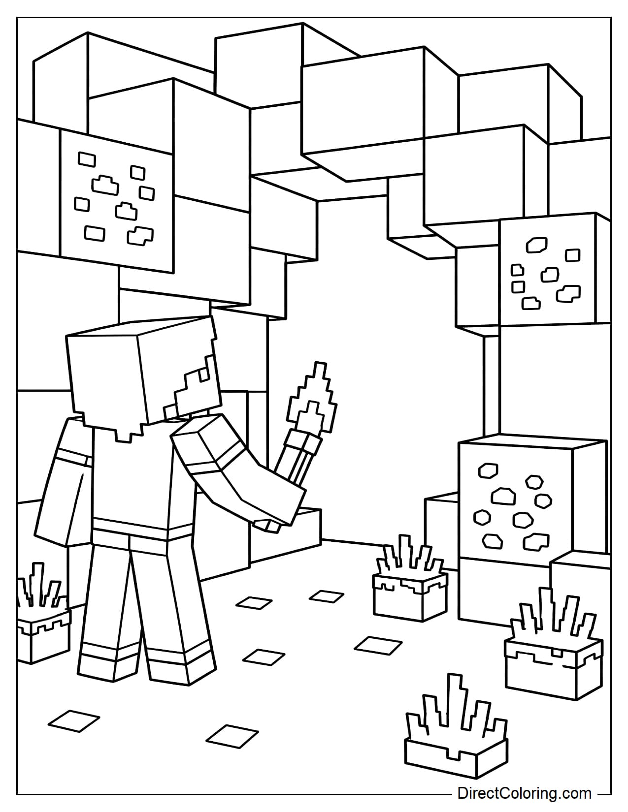 Alex stands in front of a large cave entrance, holding a torch and looking inside. The entrance is surrounded by large square stone blocks and a few ore blocks.