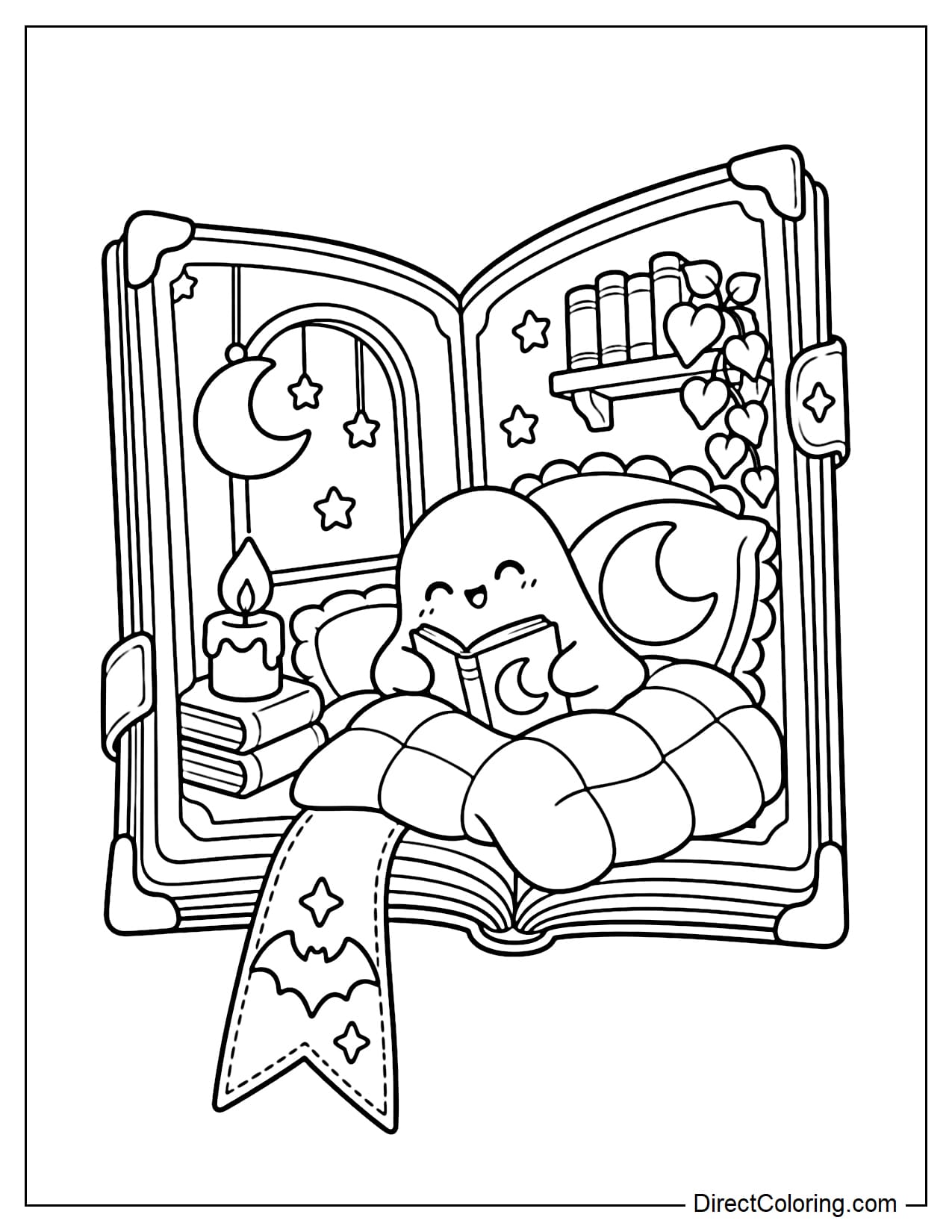 A little ghost sits inside a giant open spellbook, where the pages form a cozy nook with a large pillow and a soft blanket. A candle rests on a stack of books beside the ghost, with a window and bookshelf behind it, and a bat-pattern bookmark hanging from the edge.