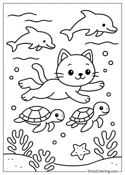 Cat swimming under the ocean with turtles and dolphins coloring page