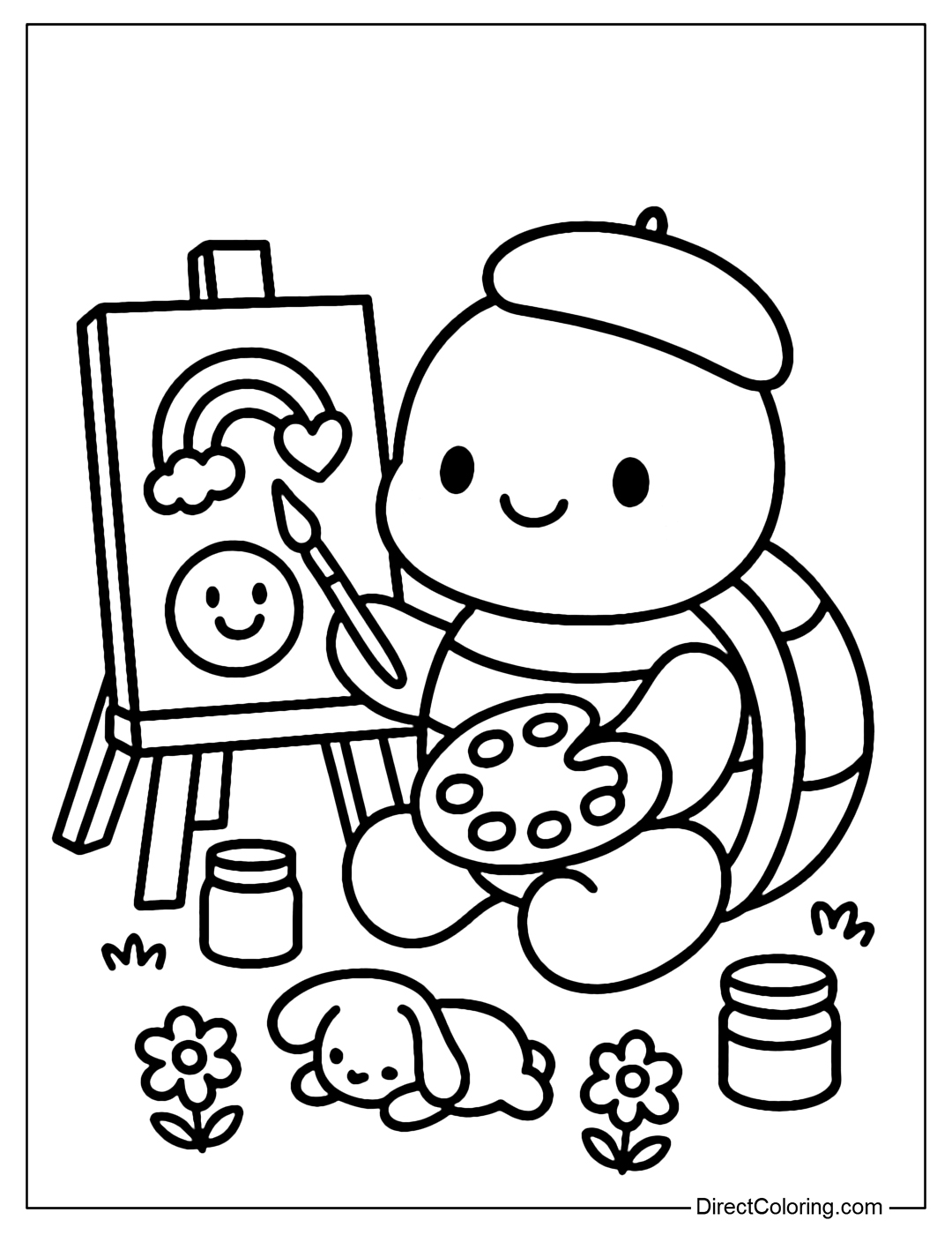 A coloring page of a turtle wearing a beret, painting on an easel, surrounded by paint bottles, a paint palette, and drawings with smiley faces, rainbows, and hearts.