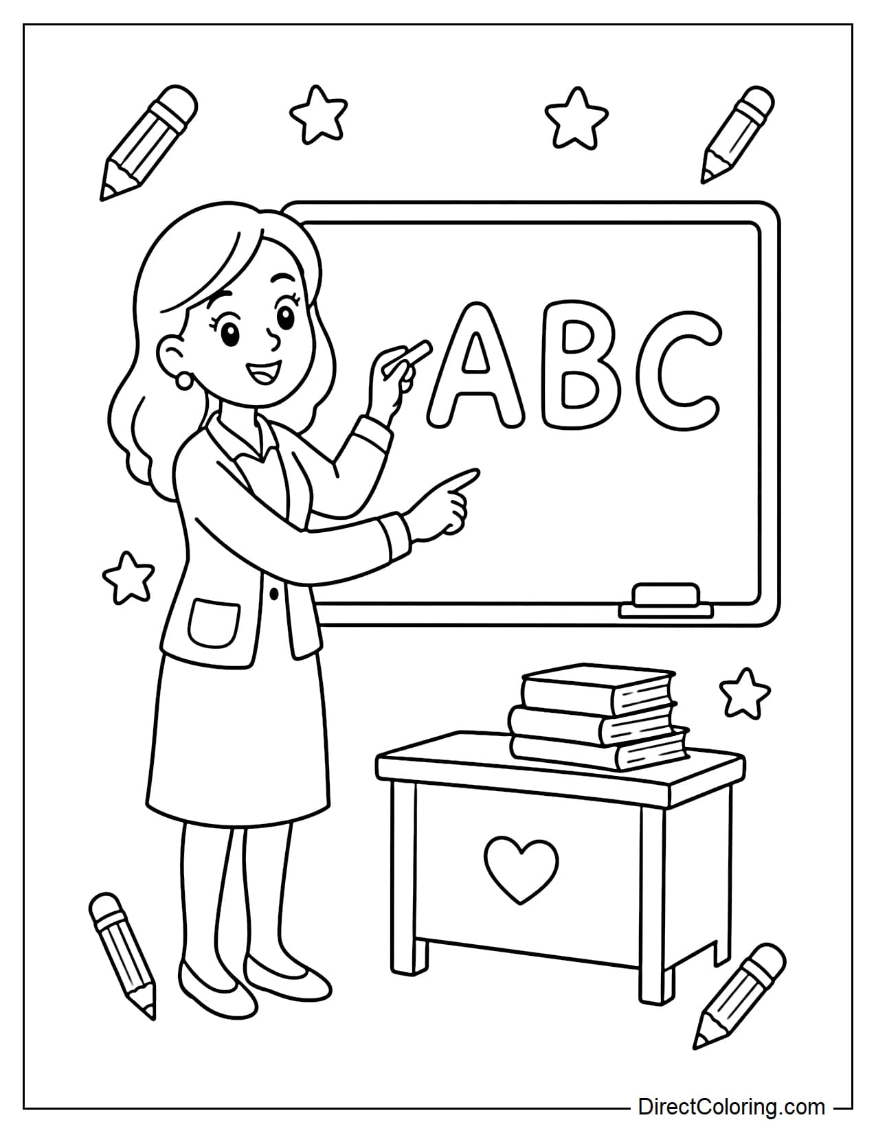 A female teacher is standing and writing the letters ABC on the classroom board, holding a piece of chalk in one hand and gently pointing to the board with the other. Beside her is a desk with a few books.