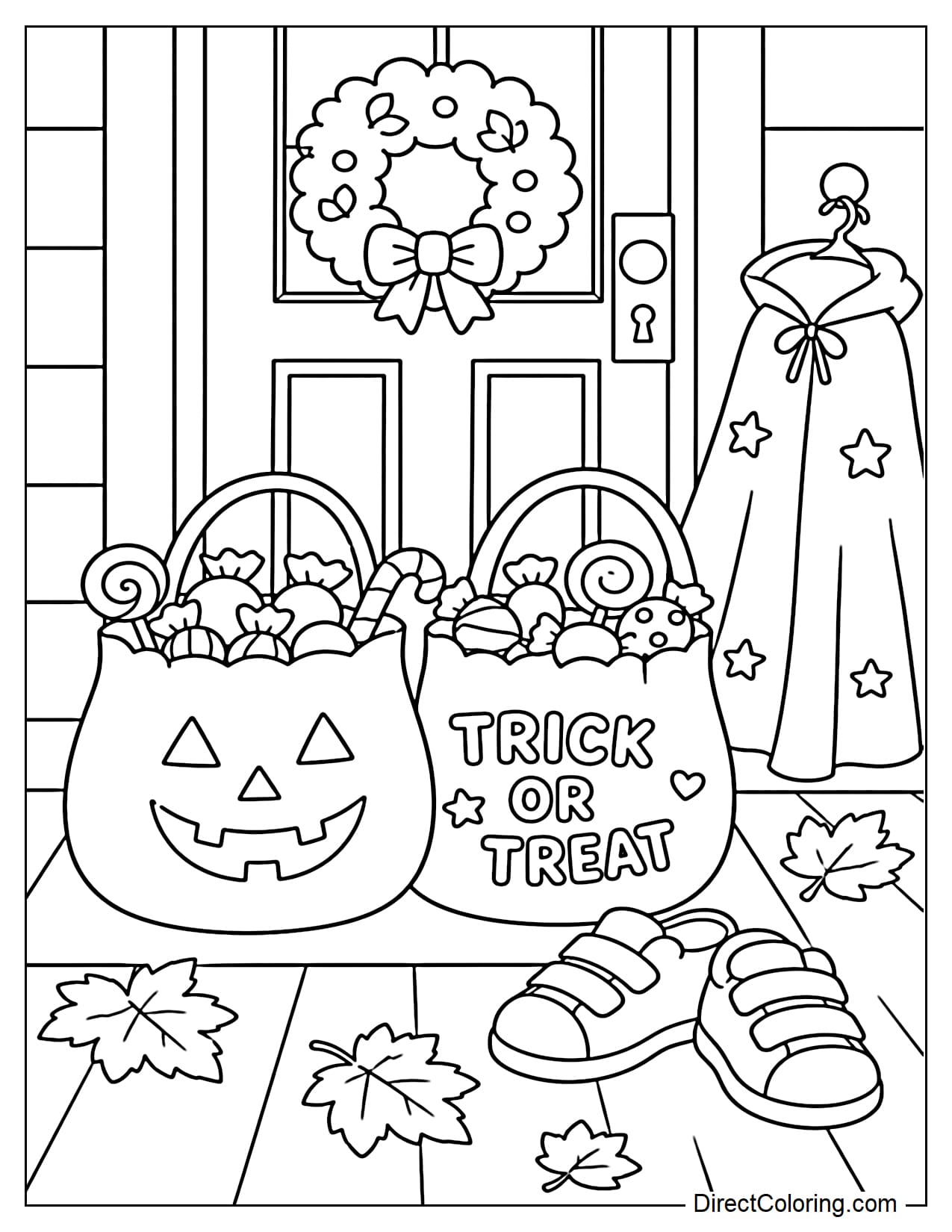 Two Trick or Treat bags filled with candy sit beside the front door, accompanied by a small pair of shoes and a costume cape.