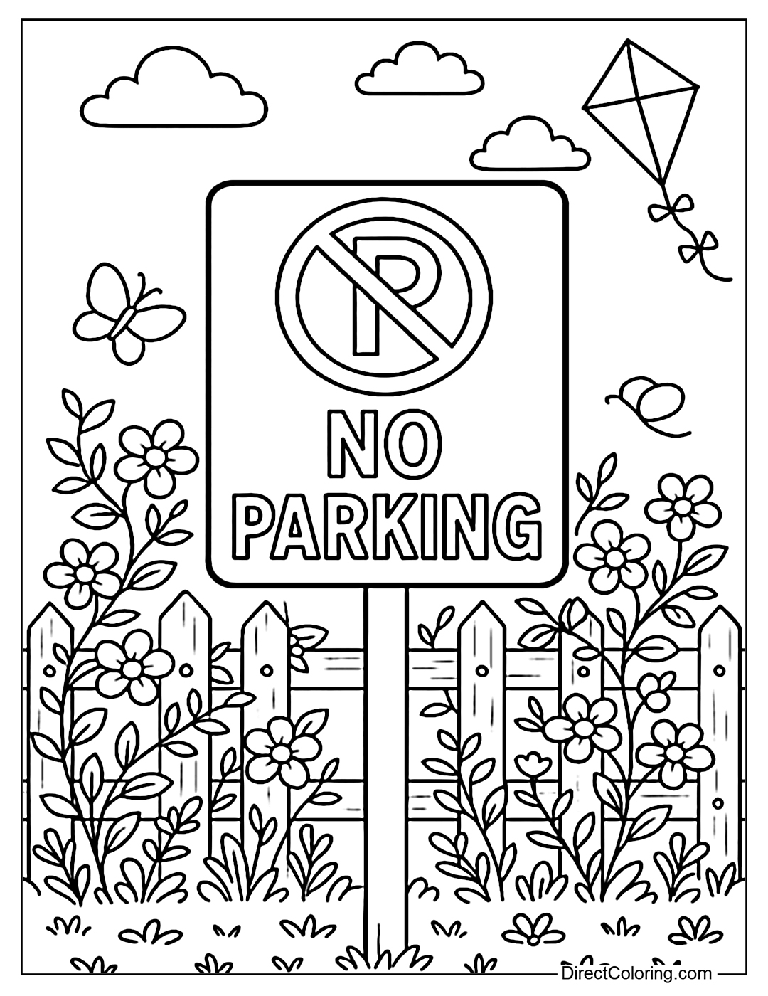 No Parking Sign Coloring Page, fence covered with climbing flowers and small hanging lights.