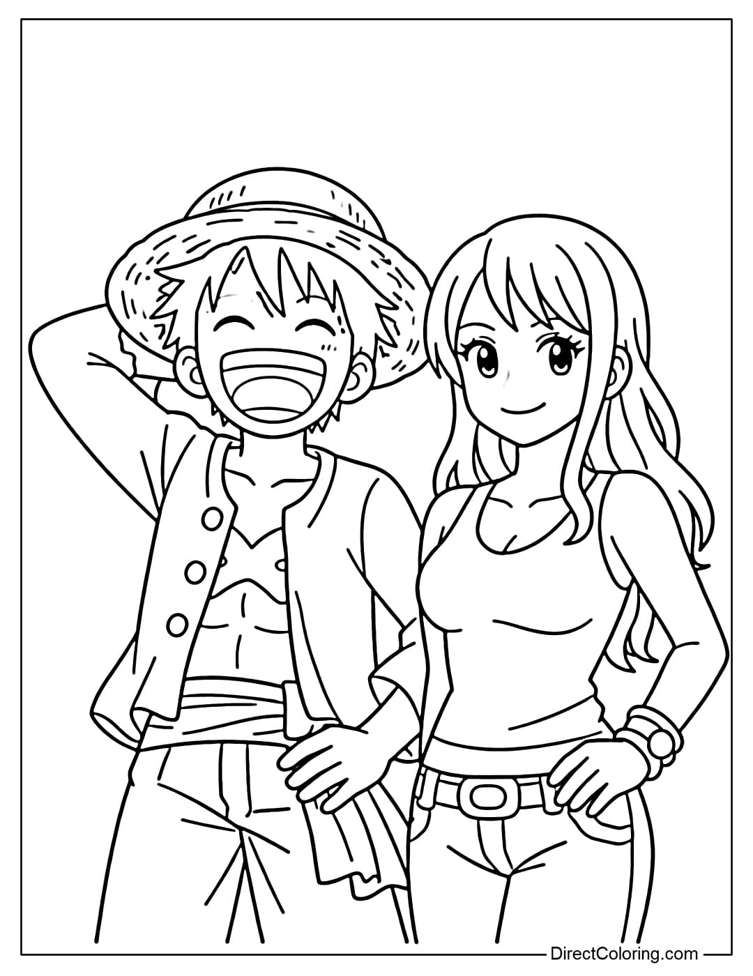 Luffy and Nami are standing together happily, Luffy laughing loudly while wearing his straw hat, Nami smiling gently.