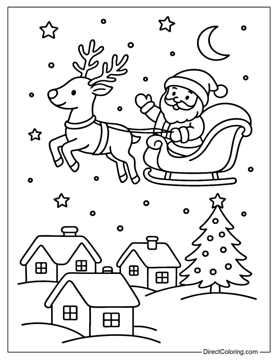 Santa and Reindeer Christmas Coloring Page Santa Claus riding a sleigh pulled by reindeer, flying through the starry night sky, below are white snowy roofs.