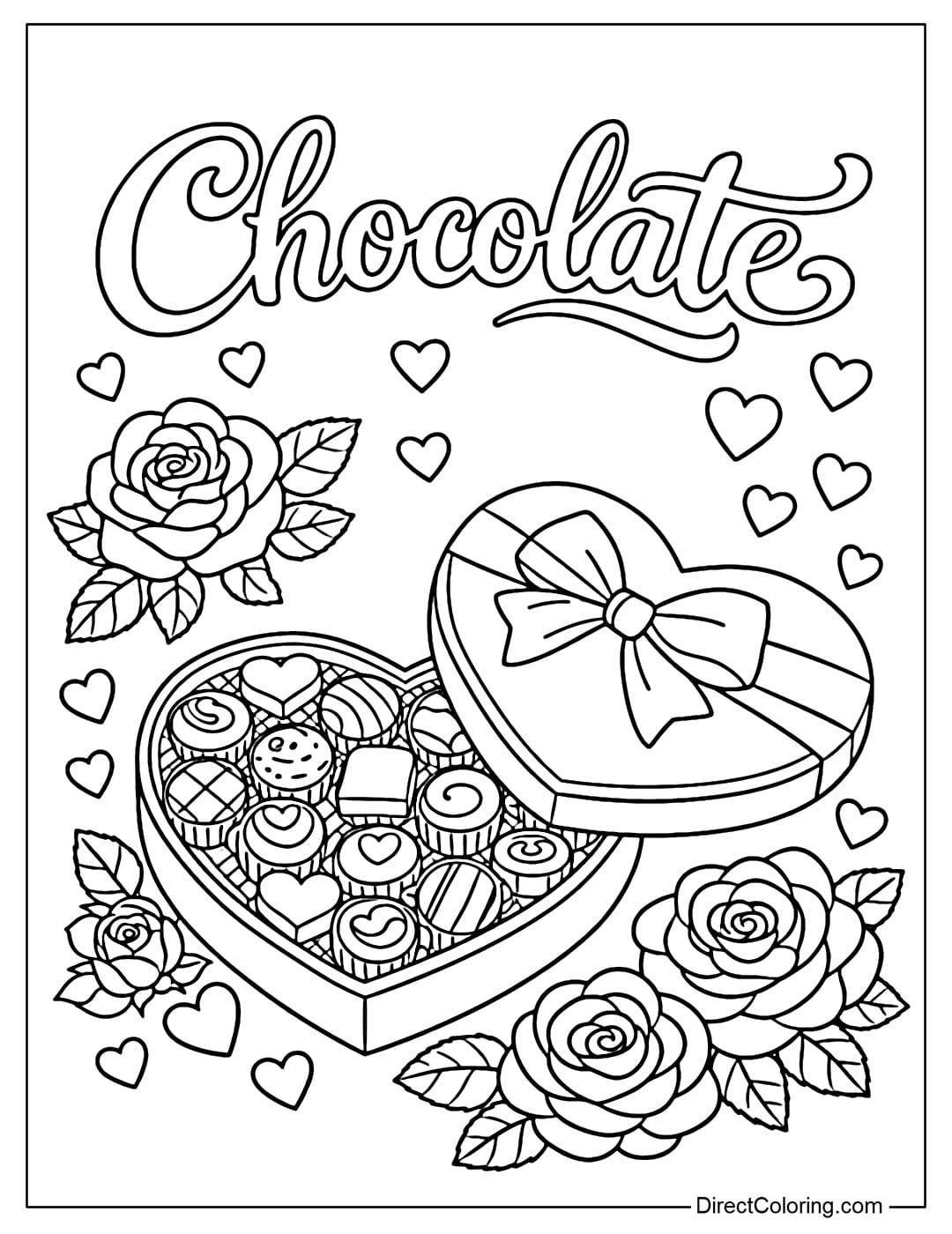 Coloring page for a heart-shaped chocolate box for Valentine's Day, containing chocolates, surrounded by roses and small hearts.