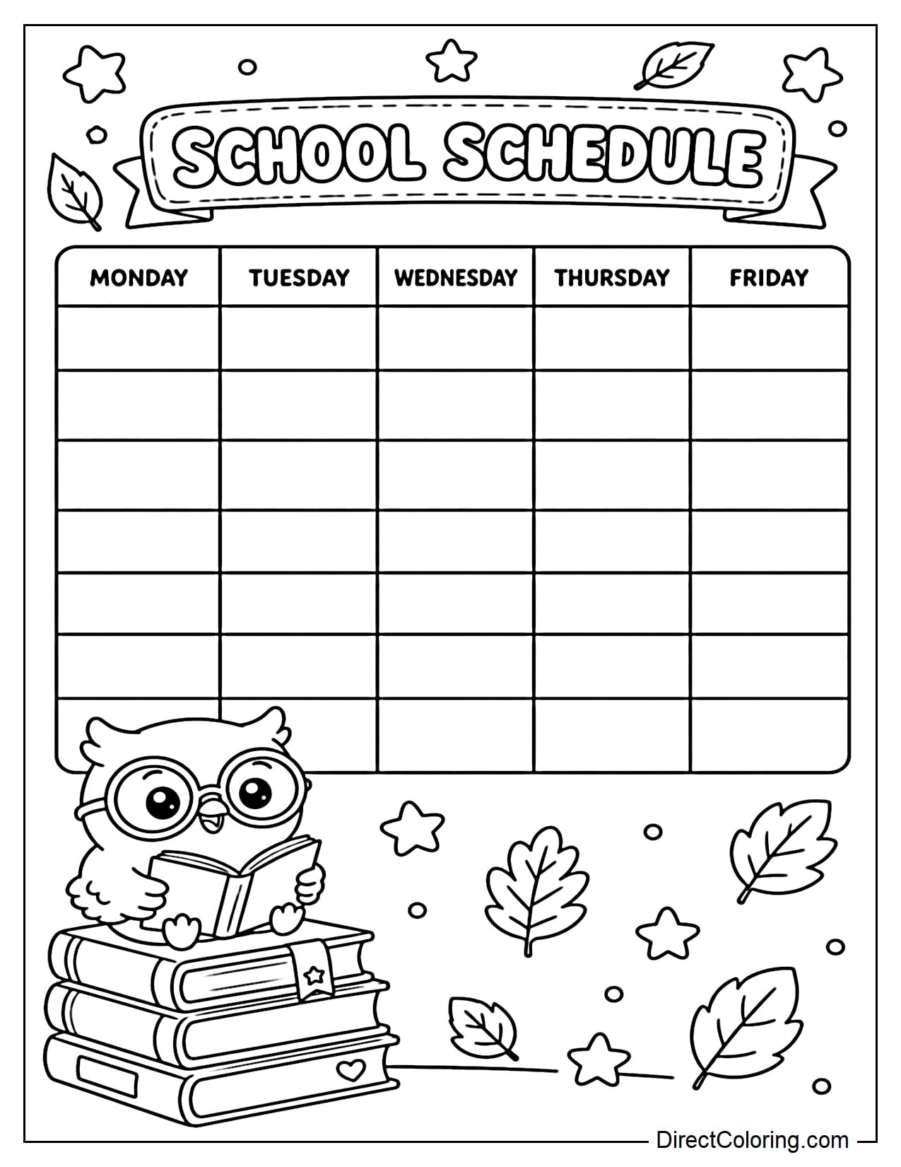 A timetable featuring a small, glasses-wearing owl perched on a stack of books, alongside a five-day school schedule with some leaves and stars.