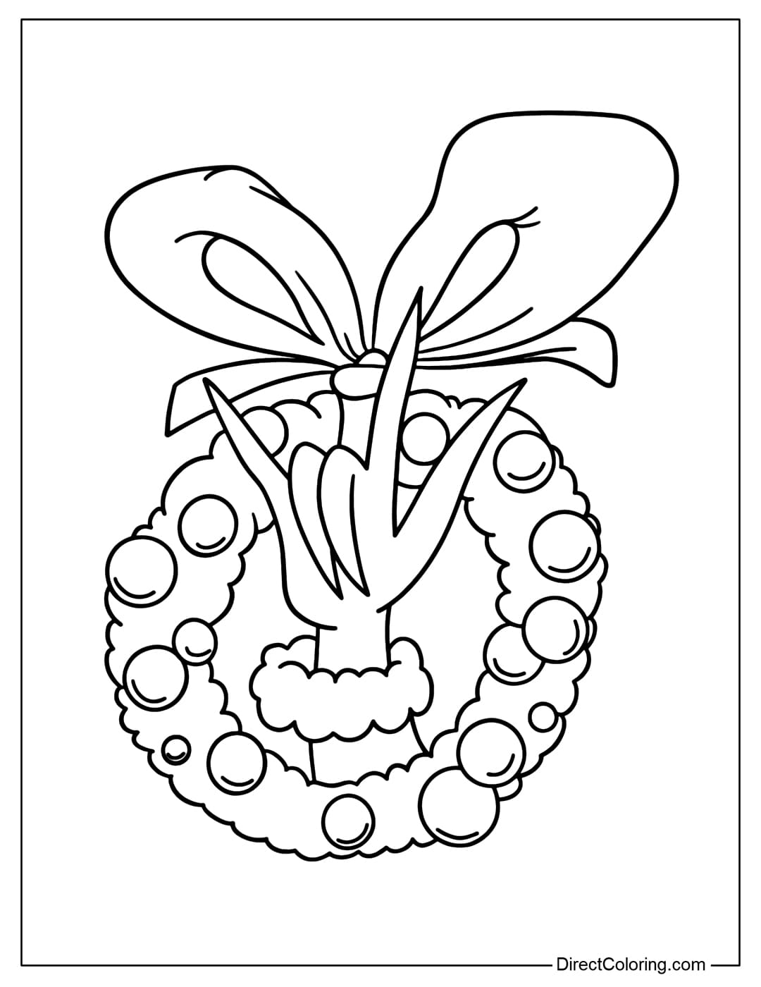 Coloring page of Grinch's hand holding a wreath decorated with many ornaments and a large bow on top.
