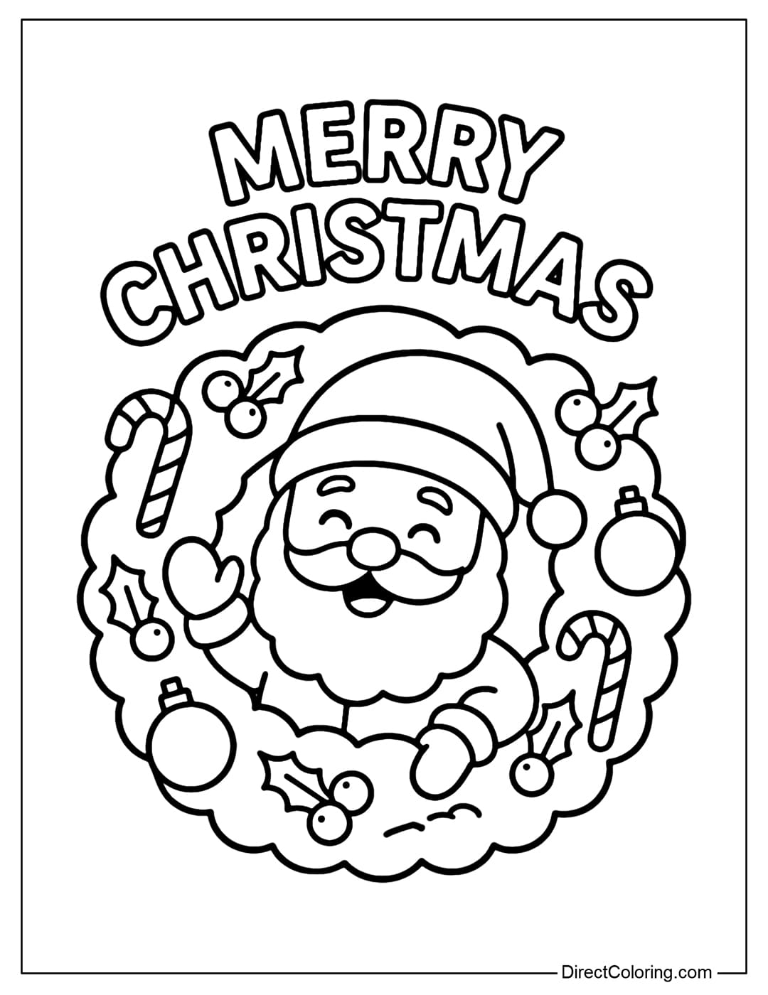 A wreath coloring page with Santa Claus peeking out from the middle of the wreath, with the words Merry Christmas written on it.