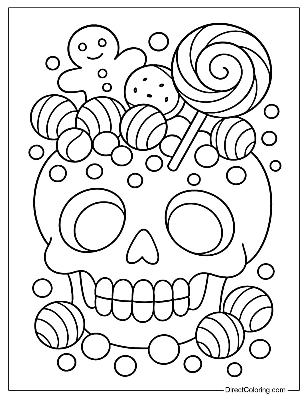 Candy skull coloring page with details of lollipops, cookies, and round candies.